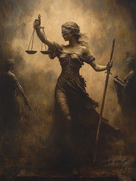 Step into the realm of timeless power and fairness with this haunting portrayal of Lady Justice, holding the scales and sword with unwavering resolve. The earthy tones and ethereal aura make this piece perfect for those who appreciate the symbolism of justice and the pursuit of truth. 💫✨ #LadyJustice #Balance #JusticeArt #Symbolism #TimelessTruth... Justice Graphic Design, Lady Justice Art, Lawyer Vibes, Scales Of Justice Art, Lady Of Justice, Oil Painting Realistic, God Oc, Scale Of Justice, Greek Tattoo