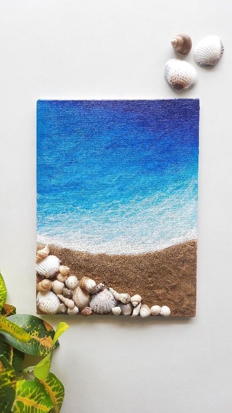 Seashell On Canvas Art, Diy Beach Wall Art, Lighthouse Model, Beach Painting Ideas, Beachy Paintings, Seashell Art Diy, Beachy Art, Beach Paintings, Beach Art Painting