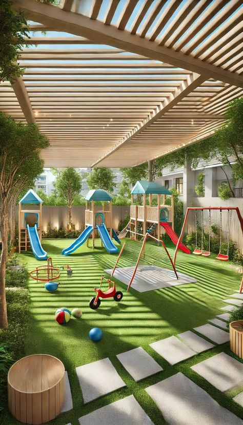 20+ Creative Contemporary Backyard Ideas for a Dreamy Retreat 52 Restaurant With Playground, Children Outdoor Play Area, Daycare Outdoor Play Area, Kids Playground Backyard, Garden Design For Kids, School Garden Ideas, Backyard Activities For Kids, School Outdoor Area, Kids Garden Play Area