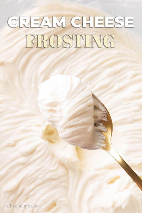 The BEST Cream Cheese Frosting is creamy, silky, fluffy and delicious! Just 3 ingredients for sweet frosting with a decadent cream cheese base. Goes great on cupcakes, cake, and cookies! | Recipe at BeamingBaker.com Cream Cheese Frosting Without Mixer, Cream Cheese Icing Cupcakes, How To Make Stiff Cream Cheese Frosting, Easy Whipped Cream Cheese Frosting, Clean Cream Cheese Frosting, Decorators Cream Cheese Frosting, Easy Cream Cheese Buttercream Frosting, Homemade Cream Cheese Icing For Cake, Df Cream Cheese Frosting