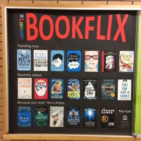 Bookflix Bulletin Board, Book Bulletin Board Ideas, Books Display Ideas, Elementary School Library Ideas, Bookflix Display, Library Room Ideas School, School Library Decorating Ideas, School Library Book Displays, Book Bulletin Board