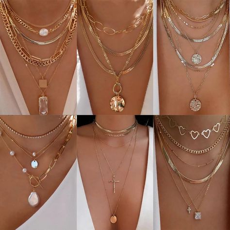 Bohemia Gold Color Multiple Styles Necklace For Women Trendy Multi-Layer Crystal Pendant Necklaces Set Jewelry Gifts Necklaces Set, Anniversary Necklace, Picture Pendant, Celtic Knots, Lock Necklace, Stylish Necklace, Set Jewelry, Bohemian Necklace, Chains Necklaces