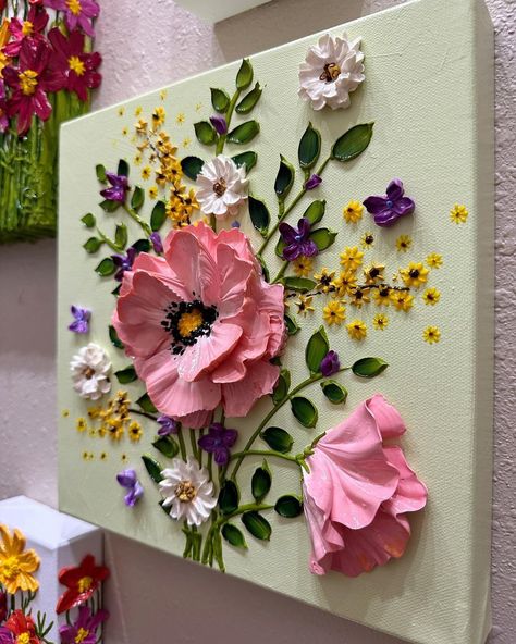 ROSES ON TRELLIS 21x10” Nature's beauty in full bloom 🌹🌿 There's something so enchanting about a garden filled with roses climbing up a t… | Instagram Texture Floral Art, Roses On Trellis, Roses Trellis, 3d Flower Art, Watercolor Pansies, Roses Climbing, Thick Painting, Dried Flowers Crafts, 3d Art Painting