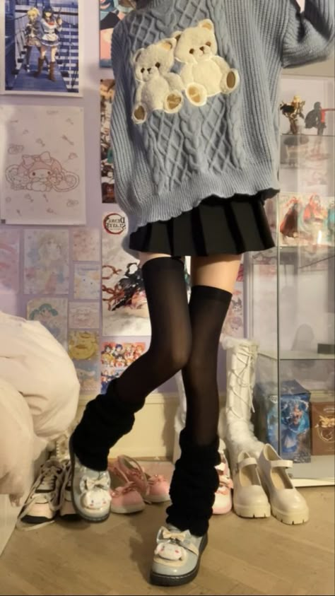 Aesthetic Black And Blue, Outfit Inspo Korean, Cutecore Fashion, Thigh High Socks Outfit, Black Thigh High Socks, Sanrio Outfits, High Socks Outfits, Cute Kawaii Outfits, Kawaii Outfit Ideas