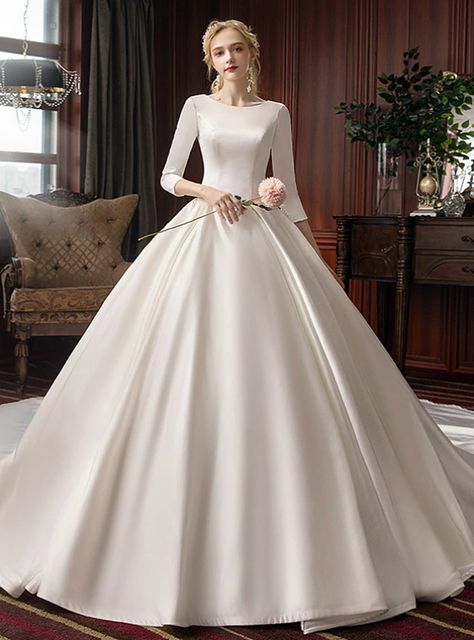 Long Sleeve Ball Gown Wedding Dress, White Ball Gown, Wedding Dress With Train, White Satin Dress, Long Sleeve Ball Gowns, White Ball Gowns, Dress With Train, Wedding Dress With Pockets, Valentines Crafts