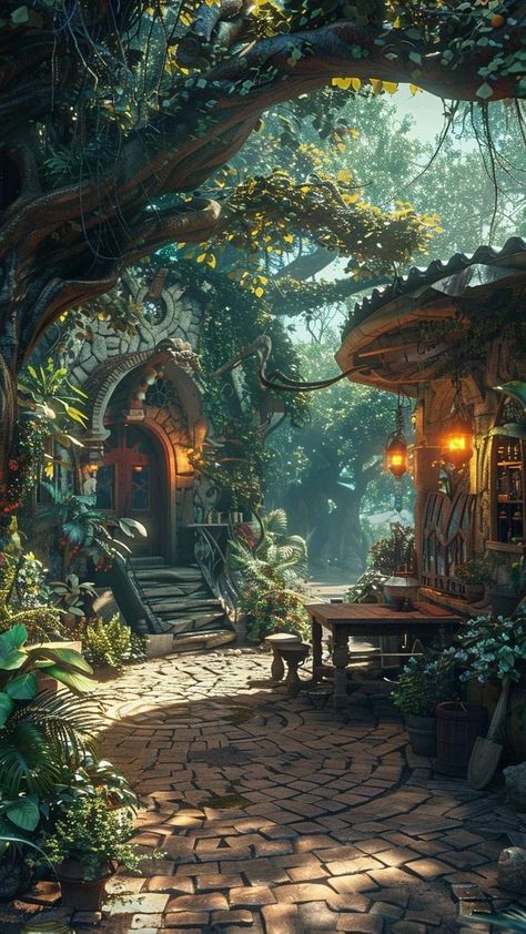 Magical Places Art, Fantasy Place Art, Fantasy Places Art, Tree House Aesthetic, Magic Aesthetic Wallpaper, Fantasy World Inspiration, Solarpunk Character, Magical Forest Aesthetic, Fantasy World Art