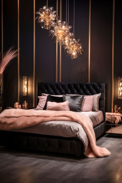 Luxurious modern bedroom in deep black and lustrous rose gold, featuring a queen-size bed with a tufted headboard, rose gold vanity, and crystal chandelier. Elegant Master Bedrooms Decor, Bedroom Decor Ideas Cozy, Black Modern Bedroom, Black Headboard Bedroom, Black Gold Bedroom, Rose Gold Room Decor, Rose Gold Rooms, Cloth Bed, Rose Gold Bedroom