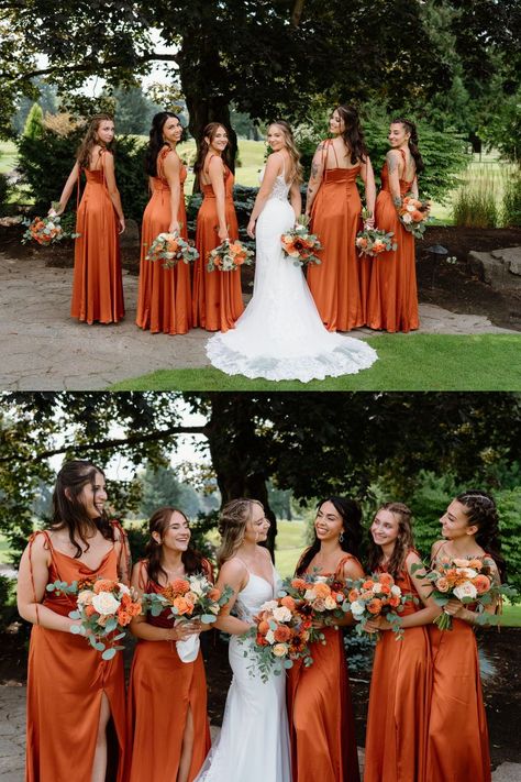 Burnt Orange Bridesmaid Dresses | Fall Wedding Colors Ideas | Oregon Photographer | I love how these orange bridesmaid dresses and how the whole wedding party looked together. It was the perfect fall wedding in Oregon. See orange bridesmaid dresses silk, orange bridesmaid dresses wedding, orange bridesmaid dresses long, fall wedding colors orange and fall wedding colors bridal party. Book Kendra for your Oregon wedding photos or bright wedding photos at kendiphotos.com. Fall Orange Bridesmaid Dresses, Dark Burnt Orange Bridesmaid Dresses, Deep Orange Bridesmaid Dresses, Boho Orange Bridesmaid Dresses, Fall Bridesmaid Dresses Burnt Orange, Fall Coloured Bridesmaid Dresses, Burnt Orange And Yellow Wedding, Orange Wedding Bridesmaid Dress, Fall Wedding Dress Bridesmaid