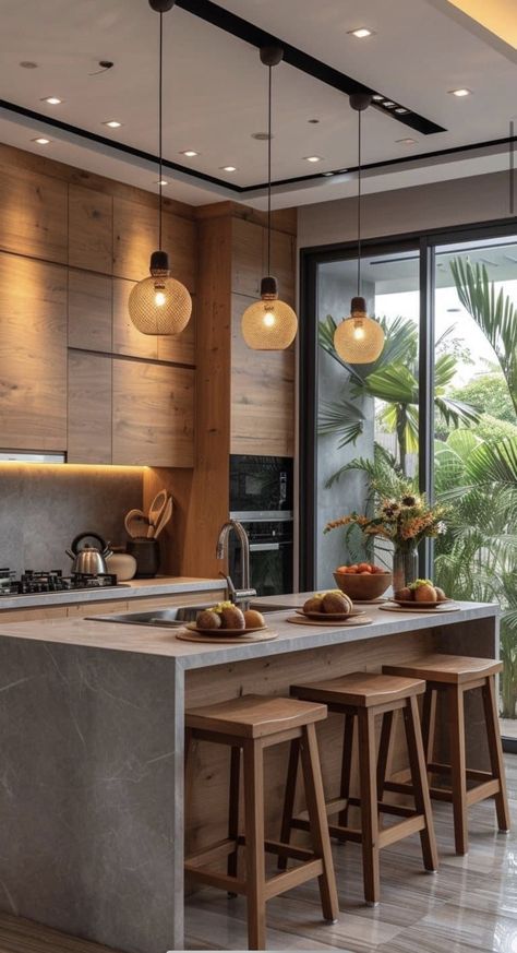 Counter Top Aesthetic, Nature Inspired Home Design, Contemporary Rustic Kitchen, Dapur Skandinavia, Wooden Kitchen Island, Kitchen Island Counter, Amazing Kitchens, Model Dapur, Kabinet Dapur