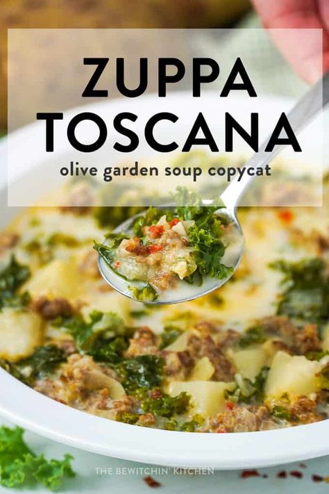 This zuppa toscana soup is a copycat recipe from The Olive Garden. Pure comfort food in a bowl right here, and it's incredibly easy to make! #zuppatoscana #olivegardenrecipes #thebewitchinkitchen Copycat Olive Garden Soup, Zuppa Toscana Soup Olive Garden, Olive Garden Soups, Olive Garden Zuppa Toscana, Copycat Recipes Olive Garden, Olive Garden Copycat, Zuppa Toscana Soup, Olive Garden Recipes, Crispy Smashed Potatoes