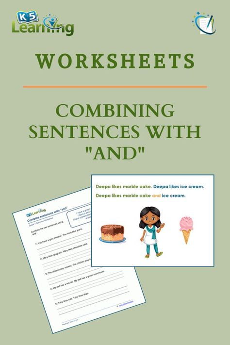 One of the most common conjunctions is “and”. You can use “and” to join two whole sentences together. Combining Sentences, Cognitive Behavior, Learning Worksheets, Simple Sentences, Free Worksheets, Spark Creativity, Grammar Worksheets, Kids Learning Activities, Emotional Wellness