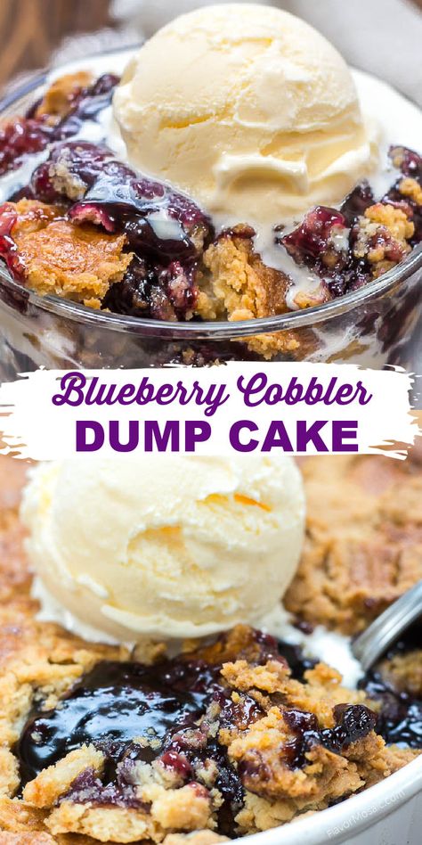 This is the easiest 3-ingredient blueberry dessert you will ever make! Sweet blueberry pie filling is baked with a scrumptious cake mix cobbler topping. Top it with ice cream and a to-die-for blueberry sauce for a scrumptious blueberry dessert that is perfect for any occasion! Blueberry Pie Filling Recipes, Blueberry Dump Cake, Dessert Blueberry, Blueberry Dump Cake Recipes, Blueberry Desserts Recipes, Blueberry Cobbler Recipes, Blueberry Dump Cakes, 3 Ingredient Desserts, Cobbler Topping