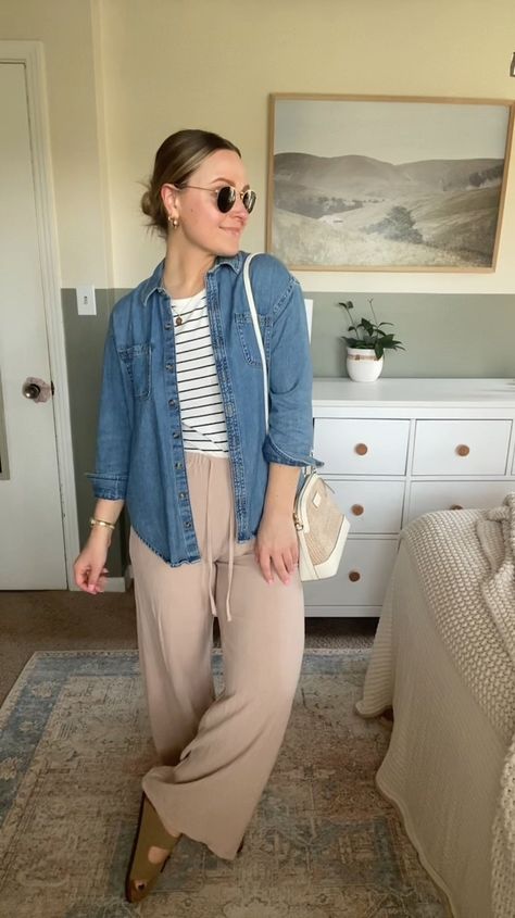 Summer Dress With Shirt Over, Fall Outfits Women Work Casual, Stripe Top Outfit Winter, Relax Work Outfit, Midsize Work Casual, Teacher Outfits Long Sleeve, Womens Thrifted Outfits, Linen Pants Office Outfit, Cream Denim Outfit