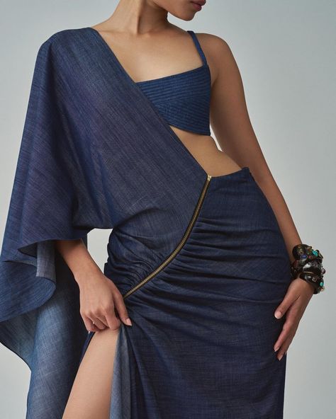 The Denim Saree of your dreams ✨ Denim Indian Outfit, Denim Saree, Denim Couture, Fashion Design Classes, Fashion Design Books, Fashion Design Collection, Denim Dresses, Fashion Journals, Denim Wear