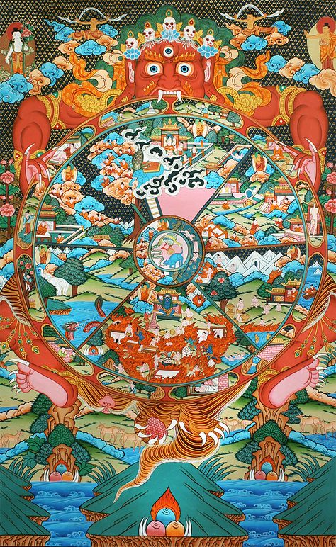 Thangk painting of the Buddhist wheel of life known as Samsara. Wheel Of Samsara, Bhuddist Art, Wheel Of Life Buddhist, Buddhist Wheel Of Life, Buddhist Mandala, Buddhist Painting, Tibetan Mandala, Law Of Karma, Buddhist Philosophy