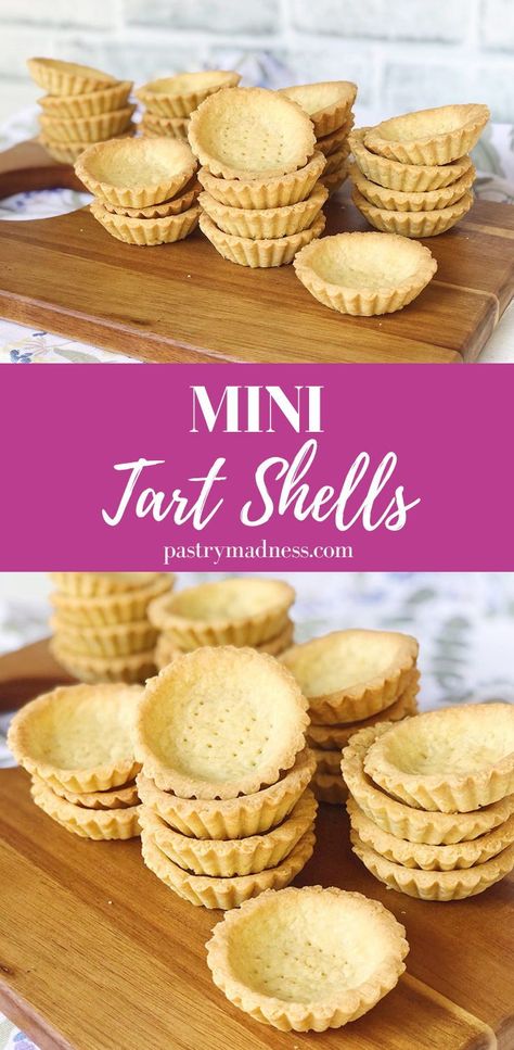 Fruit Tart Shell Recipe, How To Make Tarts Desserts, Homemade Tarts Pastries, Individual Size Desserts, Individual Bakewell Tarts, Mini Pastry Shells, Mini Pie Tarts Desserts, Best Tart Shell Recipe, Mini Fruit Tarts Recipe