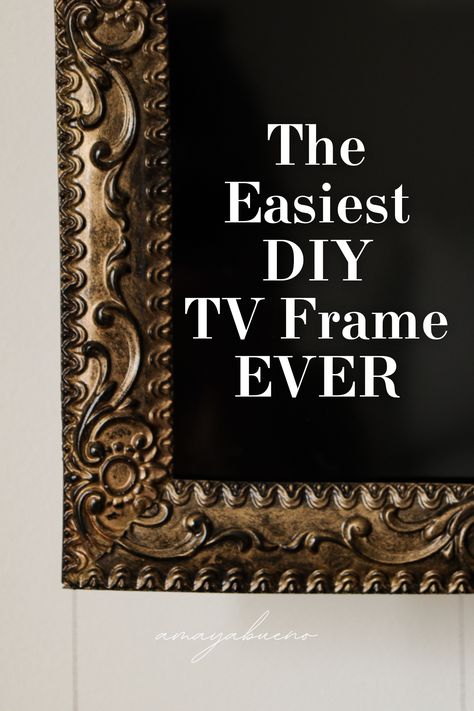 Super easy DIY tv frame for only $30! You don't need any special tools or skills! Gorgeous antique + vintage inspired look for less. Framing Tv On Wall, Frames Around Tv, Frame Around Tv, Diy Tv Frame, Gold Frame Gallery Wall, Picture Frame Tv, Tv Gallery Wall, Making Picture Frames, Diy Rustic Home