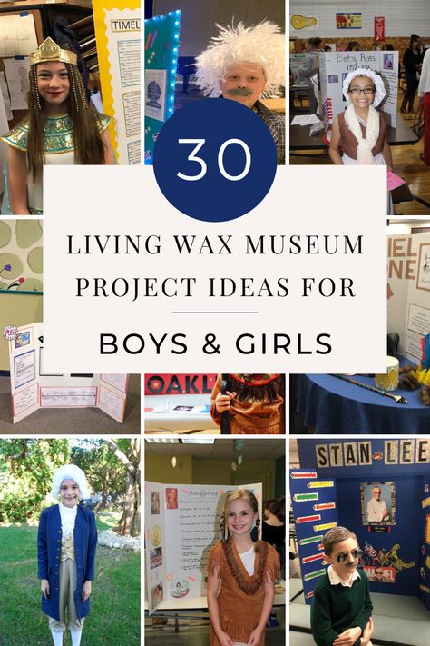 30 Living Wax Museum Project Ideas - Finding Mandee George Washington Wax Museum Project, Jane Goodall Wax Museum Project, Wax Muesem School Project, School Wax Museum Ideas, Famous Americans 2nd Grade, Babe Ruth Wax Museum Project, Wax Museum School Project Ideas For Boys, Rosa Parks Wax Museum Project, Living Museum Project Ideas