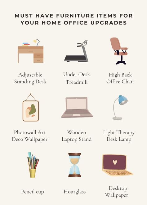 Wfh Office Decor, Small Cozy Home Office Ideas, Cozy Work From Home Set Up, Wfh Set Up, Office Set Up Ideas Layout, Wfh Office Ideas, Work From Home Set Up, Work From Home Office Setup, Office Infographic