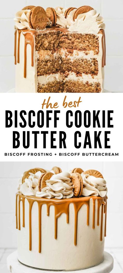 Whip up an easy recipe for a perfect birthday celebration with this Lotus Biscoff Cake, featuring a vanilla cookie butter layer and filled with decadent Biscoff frosting. Covered and artistically decorated with a silky cookie butter Swiss buttercream, it's a Biscoff lover's dream come true. Make your special day unforgettable with the rich, spiced flavors of this indulgent Biscoff cookie butter cake. Cake With Cookie Layer, Birthday Cakes With Buttercream, Best Biscoff Cake Recipe, Cookie Lover Cake, Biscoff Cookie Cake Recipe, Funnel Cake Cake, Tasty Cakes Recipes, Cookie Butter Birthday Cake, Vanilla Biscoff Cake