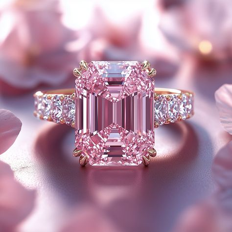 The Camilla: Eternal Glow The Camilla ring is a stunning display of elegance and sophistication, featuring a breathtaking emerald-cut pink moissanite at its center. This captivating gemstone is expertly cut to maximize its brilliance and fire, offering a vibrant alternative to traditional diamonds at an exceptional value. Designed with comfort and style in mind, The Camilla is crafted in true-to-size U.S. ring sizing and backed by our hassle-free return and exchange policy, ensuring the perfect Emerald Cut Wedding Set, Fantasy Rings, Pink Moissanite Ring, Pink Diamond Engagement Ring, Rose Gold Moissanite Ring, Pink Stone Rings, Moissanite Ring Set, Pink Sparkles, Pink Emerald