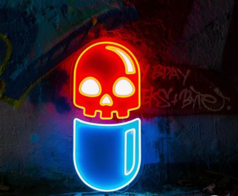 #NeonSigns #BrightIdeas #NeonSignNames #NeonInspiration #NeonRoom #RoomDecor Neon Icons, Neon Artwork, Skull Gifts, Neon Decor, Mirror Sign, Chill Pill, Acrylic Artwork, Neon Art, Art Party