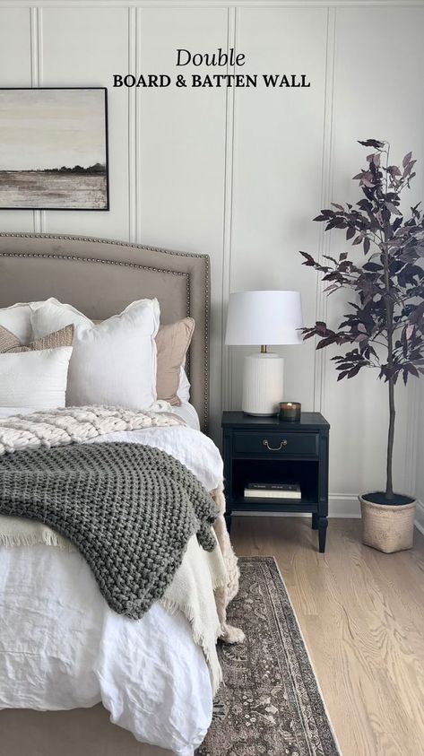 Board And Batten Bedroom Ideas, Farmhouse Bedroom Accent Wall Ideas, Board And Batten Bedroom Accent Wall, Board And Batten Accent Wall Bedroom, Double Board And Batten Wall, Double Board And Batten, Master Accent Wall Ideas, Bedroom Focal Wall, Bedroom Board And Batten Wall