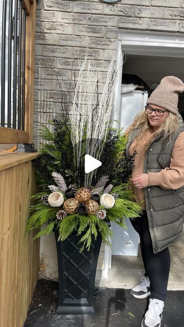 Vanessa Monardo on Instagram: "First holiday planters of the season!! Loving this white black and gold look for a winter wedding ✨

Our schedule is booking up extremely fast. If you are interested in holiday planters, please reach out for a quote so we can book you in! 🎄" Xmas Outdoor Planters, Outdoor Christmas Greenery Pots, Black And White Outdoor Christmas Decor, Christmas Pots Outdoor, Christmas Porch Planter Ideas, Winter Arrangements Outdoor, Outdoor Christmas Planters Diy, Winter Urns Outdoor Planters, Outdoor Winter Planter Ideas