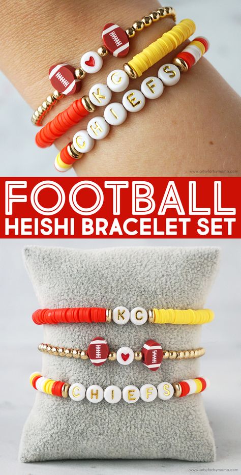 Football Heishi Bracelet Set | artsy-fartsy mama Super Bowl Bracelets, Heishi Bracelet Ideas Sports, Diy Football Bracelets, Chiefs Beaded Bracelet, Football Team Clay Bead Bracelets, Nfl Clay Bead Bracelets, Clay Bead Bracelet Ideas Sports, Football Crafts To Sell, Sports Bracelets Diy