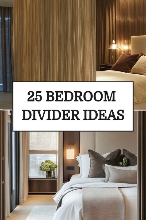 25 bedroom divider ideas overlaid on images of stylish, cozy bedroom designs separated by dividers. Room Divider As Bed Headboard, Curtain Wall Divider Bedroom, Bedroom Separation Ideas, Dividing A Room With Curtains, Room Partition Curtain Ideas, Separate Bedroom From Living Room, Partition Bedroom Ideas, Room Divider Ideas Soundproof, Couch As Room Divider