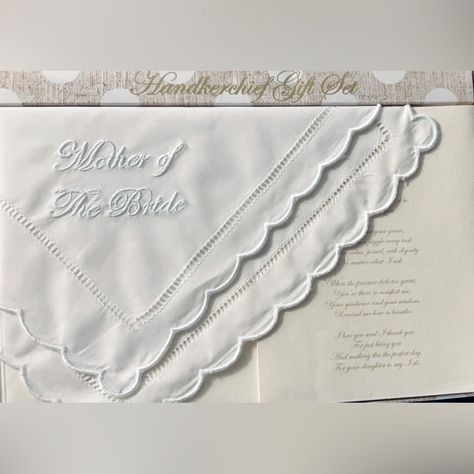 Beautiful, Scalloped Keepsake Mother Of The Bride Linen Embroidered Handkerchief; A Perfect Day-Of Gift From The Bride, Her Daughter. New In Box Personalized Bride Gifts, Gifts For Mom On Wedding Day, Mother Of The Groom Present, Elegant Embroidered Handkerchiefs For Bridal Shower, Embroidered White Handkerchiefs For Bridesmaids, Mother Of The Groom Gift, Gifts For Bride, Mother Of The Bride Gift, Wedding Gift Handkerchiefs With Embroidered Text For Mother's Day