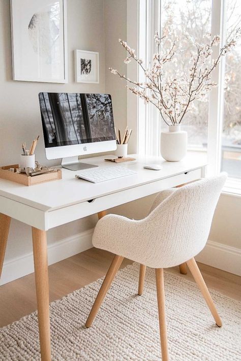 Minimalist Dream_home_office_decor (17) Minimalistic Room Inspiration, Office Decor White Desk, Hidden Office Desk, Minimal Work Desk, Minimalist Desk Ideas, Office Desk Ideas At Work, Aesthetic Office Space, Work Desk Ideas, Minimalist Home Office Ideas