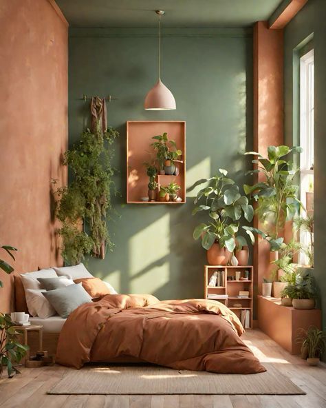 Green Walls Orange Curtains, Orange And Green Interior Design, Green And Orange Bedroom Aesthetic, Sage And Orange Bedroom, Greenery Room Decor Bedroom, Orange And Green Bedding, Sage Green And Orange Bedroom, Burnt Orange And Green Bedroom, Bedroom Ideas Olive Green