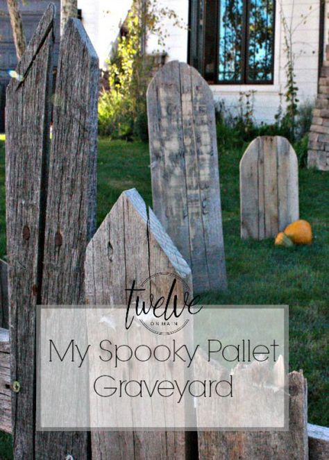 My Spooky Pallet Graveyard Halloween Pallet Fence, How To Make A Witch For The Yard, Pallet Coffin Diy, Wood Pallet Halloween Projects, Pallet Wood Halloween Decorations, Halloween Fence Diy, Halloween Pallet Ideas, Deadly Garden, Diy Halloween Fence