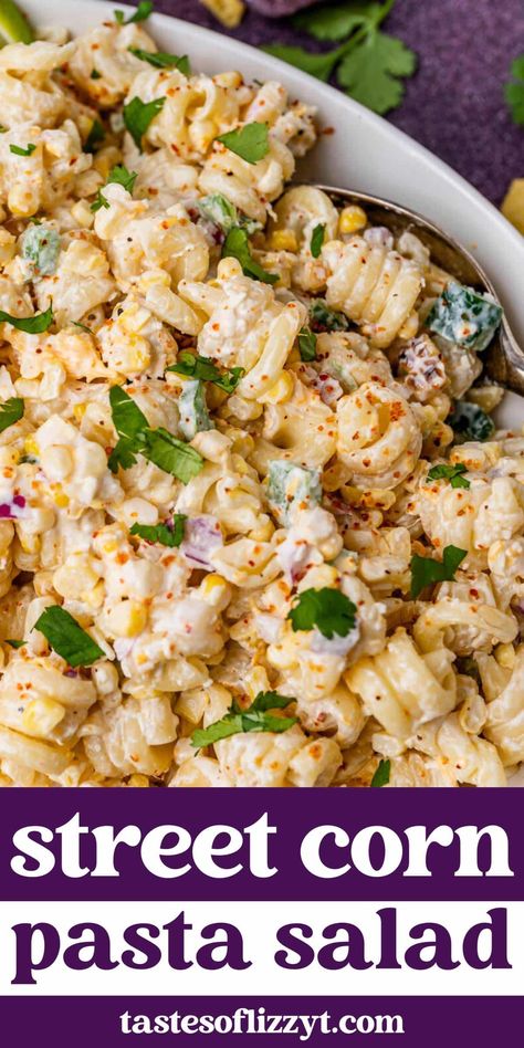 This Mexican Street Corn Pasta Salad is loaded with roasted corn, cotija and cheddar, creamy dressing and jalapeños for a kick of heat. Creamy Street Corn Pasta Salad, Cold Vegetarian Meals, Roasted Corn Pasta Salad, Mexican Street Corn Salad Pasta, Pasta Salad Recipes Mexican, Mexican Corn Pasta Salad, Potluck Dishes Cold, Pool Day Food, Corn Summer Salad