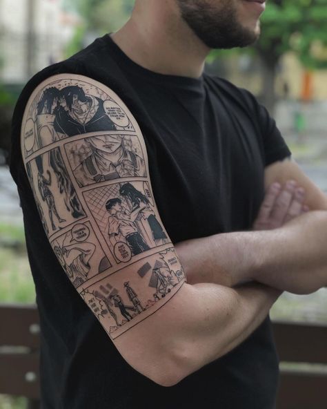 Both Arms Tattoo Sleeve, Manga Pannel Tattoos, Manga Page Tattoo, Anime Panels Tattoo, Anime Manga Tattoo Panels, Manga Panel Tattoo Sleeve, Best Anime Tattoos, Comic Book Tattoo Ideas, Manga Panel Tattoo Ideas