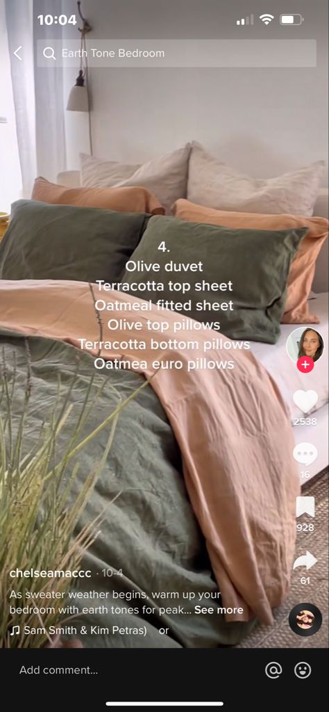 Olive And Sage Bedding, Sheets With Green Comforter, Earthy Green Bedding, Bedding Ideas Earthy, Green Bed Comforter Ideas, Neutral Bedroom With Terracotta, Tera Cotta Bedding, Earth Vibes Room, Olive Comforter Bedroom Ideas