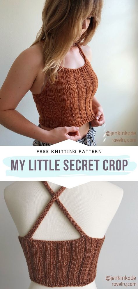 My Little Secret Crop Free Knitting Pattern  We can't keep this pattern a secret for another minute! Isn't it absolutely fabulous in its simplicity? We think it is a must-have in every fashion follower's summer wardrobe.   #knittop #knitsummertop #knitcroptop #freeknittingpattern Crochet Loose Tank Top Pattern, Knitted Tank Top Pattern Free Simple, Knitting Halter Top, Crop Tops Knitting Patterns, One Yarn Ball Projects, Knitting A Crop Top, Knitting Crop Top Pattern, Loom Knit Tank Top, Knitting T Shirt