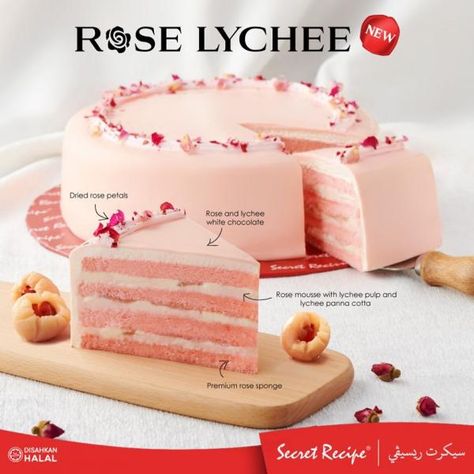 Secret Recipe New Rose Lychee Cake Essen, Asian Cakes Recipe, Rose Lychee Cake Recipe, Lychee Mousse Cake, Lychee Cake Decoration, Rose Lychee Cake, Lychee Recipes Desserts, Lychee Cake Recipe, Lychee Rose Cake Recipe