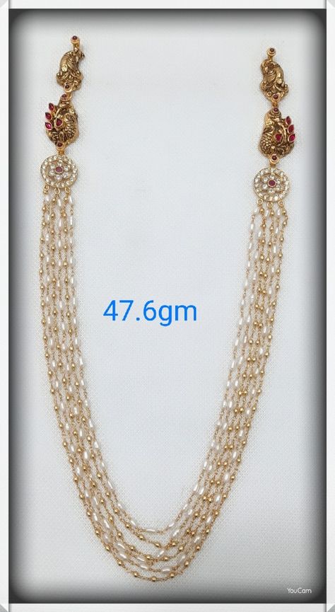 Rice Pearl Necklace Designs Indian, Pearl Jewelry Indian Simple, Rice Pearl Necklace Design, Rice Pearls Jewellery Indian, Rice Pearls Jewellery, Disco Necklace, Antique Necklace Gold, Temple Jewellery Earrings, Long Haram