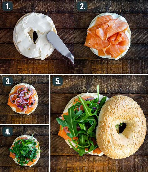 Bagel With Salmon, Bagel Fillings Ideas Lunch, Lunch Bagel Ideas, Cream Cheese Bagel Ideas, Sweet Bagel Ideas, Bagel Recipe Sandwich, Salmon Bagel Breakfast, Bagel Fillings Ideas, Salmon Cream Cheese Bagel