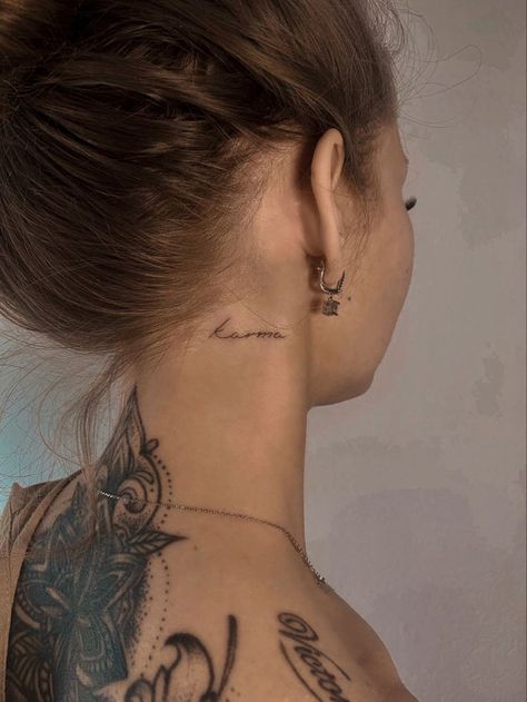 Danty Neck Tattoos, Faint Neck Tattoo, Small Tattoo Neck Woman, Small Word Neck Tattoos For Women, Small Letter Tattoo Behind Ear, Women’s Word Neck Tattoo, Karma Neck Tattoo, Divine Neck Tattoo, Neck Script Tattoo Inspiration