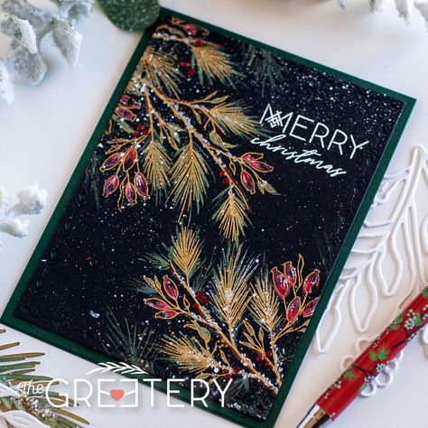 Make & Tell Tuesday – Winter Sketches Metallic Watercolor on Black – The Greetery Blog Metallic Watercolor, The Greetery, Outline Images, Christmas Sentiments, Ink Splatter, Watercolor Christmas Cards, Winter Cards, Christmas Cards Handmade, Black Paper