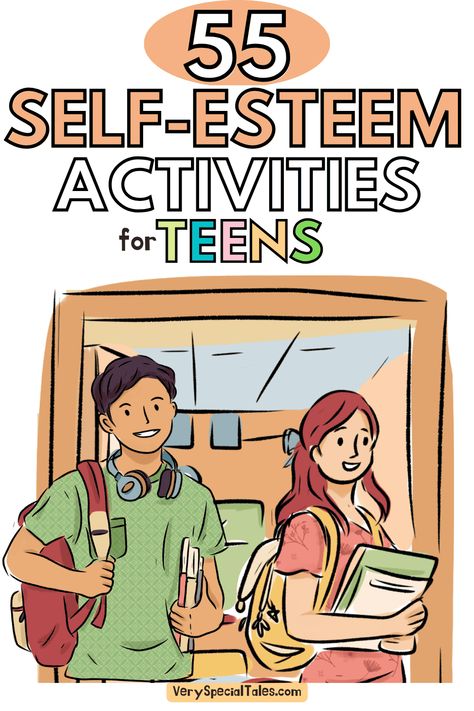 two teenagers coming out from the classroom. Title: 53 elf-esteem activities for teens Teen Therapy Activities, Teenager Activities, Counselling Activities, Counseling Teens, Social Work Activities, Social Emotional Health, Self Esteem Worksheets, Youth Group Activities, Self Esteem Activities