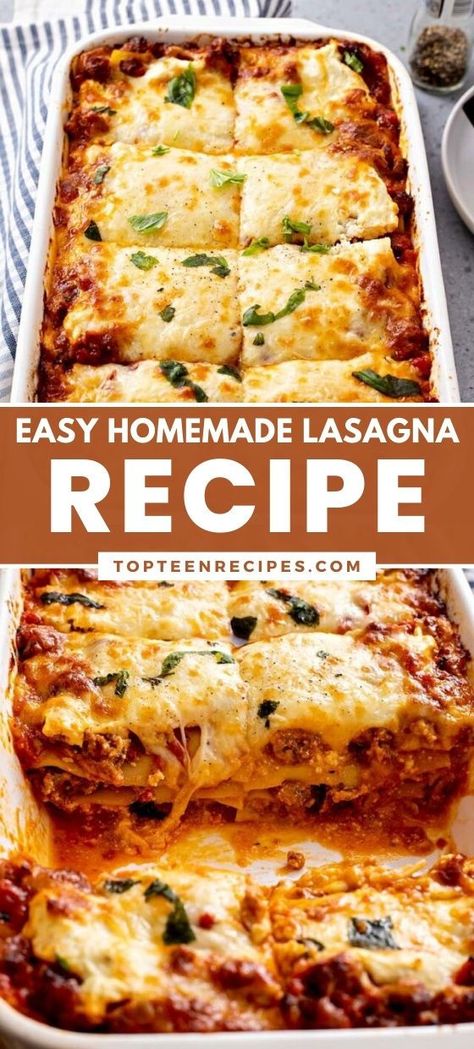 This Simple and easy homemade lasagna recipe is filled with rich tomato/beef sauce, ricotta, mozzarella, and Parmesan cheese between lasagna noodles. Homemade Lasagna Recipe, Easy Homemade Lasagna, Lasagna With Ricotta, Homemade Lasagna Recipes, Lasagna Recipe With Ricotta, Best Lasagna Recipe, Easy Lasagna Recipe, Lasagne Recipes, Lasagna Noodles