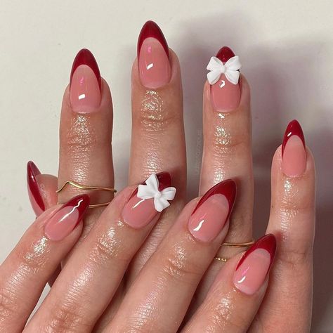 cherry red + bow szn 🎀♥️ | Instagram Her Nails, Nail Swag, Dark Nails, Stick On Nails, Fall Nail Designs, Valentine's Day Nails, Nail Polishes, Valentines Nails, Artificial Nails