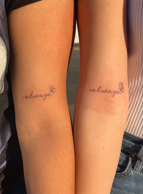 matching best friend tattoo cursive always butterflies minimalist simple small arm tattoo inner arm Fine Line Tattoo Mother Daughter, Tattoo With Mom Mother Daughters, Mother Two Daughter Tattoos, My Person Tattoo, Small Sister Tattoos For 2 Unique, Nugget Tattoo, Matching Mother And Daughter Tattoos, Sci Fi Tattoos, Matching Best Friend Tattoo