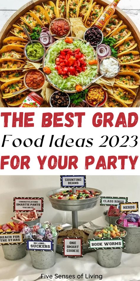 The Best Graduation Party Food Ideas in 2023 To Serve High School Graduation Pizza Party, Senior Graduation Party Food, Snack Ideas For Graduation Party, Outdoor Graduation Party Ideas High School Food Taco Bar, Graduation Party Lunch Ideas, Healthy Graduation Party Food, Best Food For Graduation Party, Promotion Ceremony Food, Simple Graduation Food Ideas