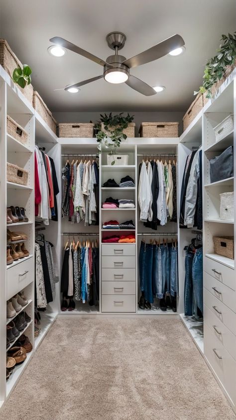 Walk In Closet With Drawers And Shelves, Master Room With Walk In Closet, Walk In Closet Cubby Ideas, Walk In Wardrobe Shoe Storage, U Closet Design, Walk On Closet Ideas, Small Walk In Closet With Dresser, Smaller Walk In Closet Ideas, Show Closet Ideas