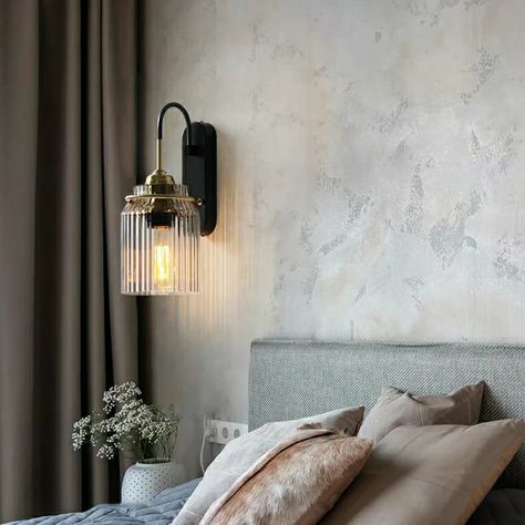 Corrugated Glass Metal Wall Lamps & Sconces Light Bedside Edison bulb E26/E27 | heparts Bedside Wall Lights Ideas, Lamp Above Bed, Bedside Lighting Ideas, Bedside Wall Lamp, Metal Wall Lamp, Wall Lamp Design, Modern Wall Lamp, Wall Lights Bedroom, Wall Sconces Bedroom